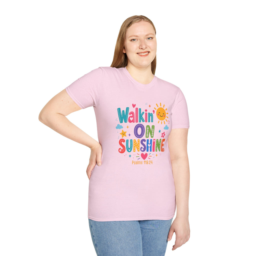 T-Shirt — "Walkin' on Sunshine" Bright Retro Sun Graphic Tee ‭‭Psalms‬ ‭118‬:‭24‬ ‭