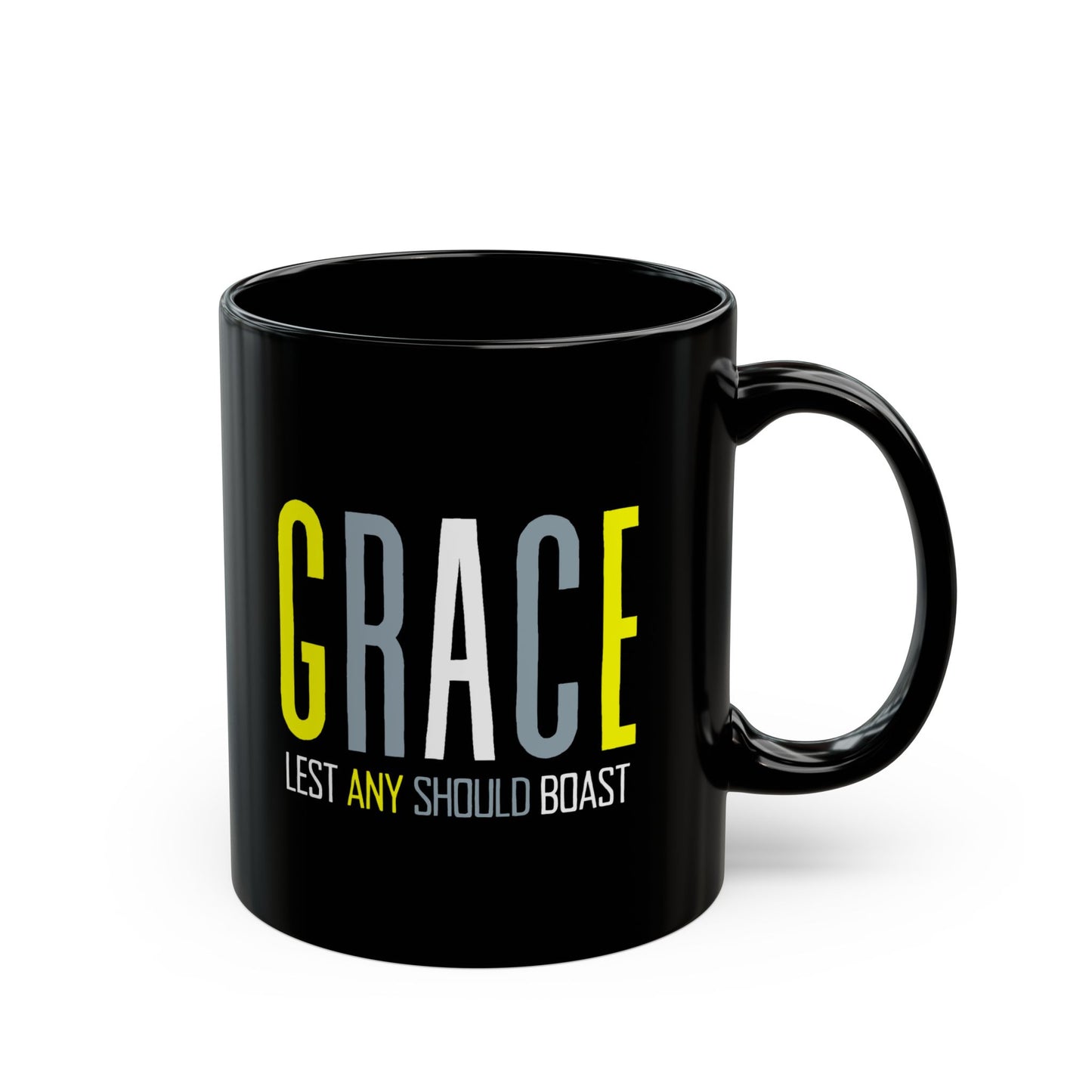 GRACE Lest Any Should Boast - 11oz Black Mug