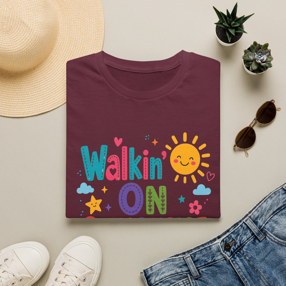 T-Shirt — "Walkin' on Sunshine" Bright Retro Sun Graphic Tee ‭‭Psalms‬ ‭118‬:‭24‬ ‭