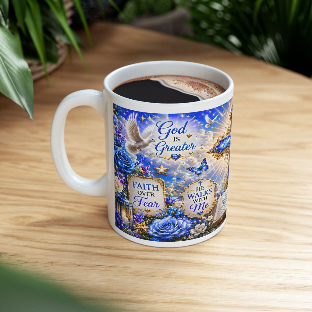 Blue Christian Cross Ceramic Mug with Bible and Floral Design