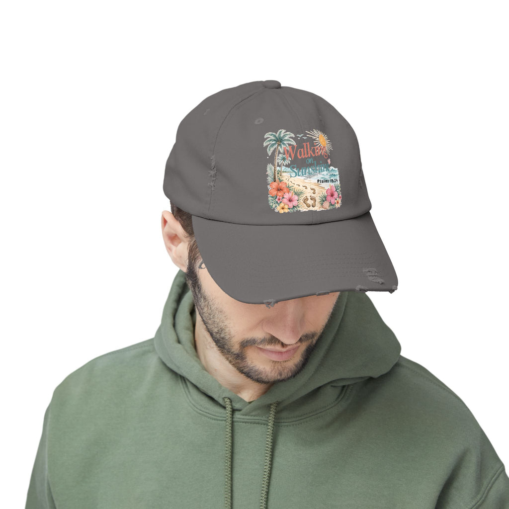 Distressed Cap — "Walk on Sunshine" Tropical Beach Baseball Hat Psalms 118:24
