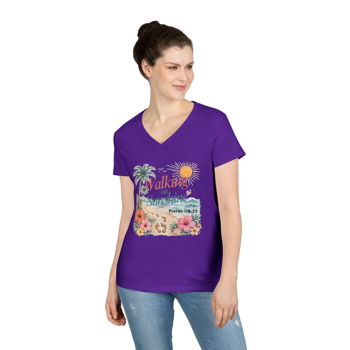 Walking on Sunshine V-Neck T-Shirt — Floral Beach Christian Psalm Tee