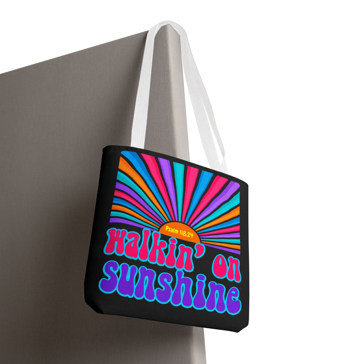 Lords Glory Sunrise Graphic Tote Bag — “Walkin' on Sunshine” Retro Psalm 118:24 Cotton AOP