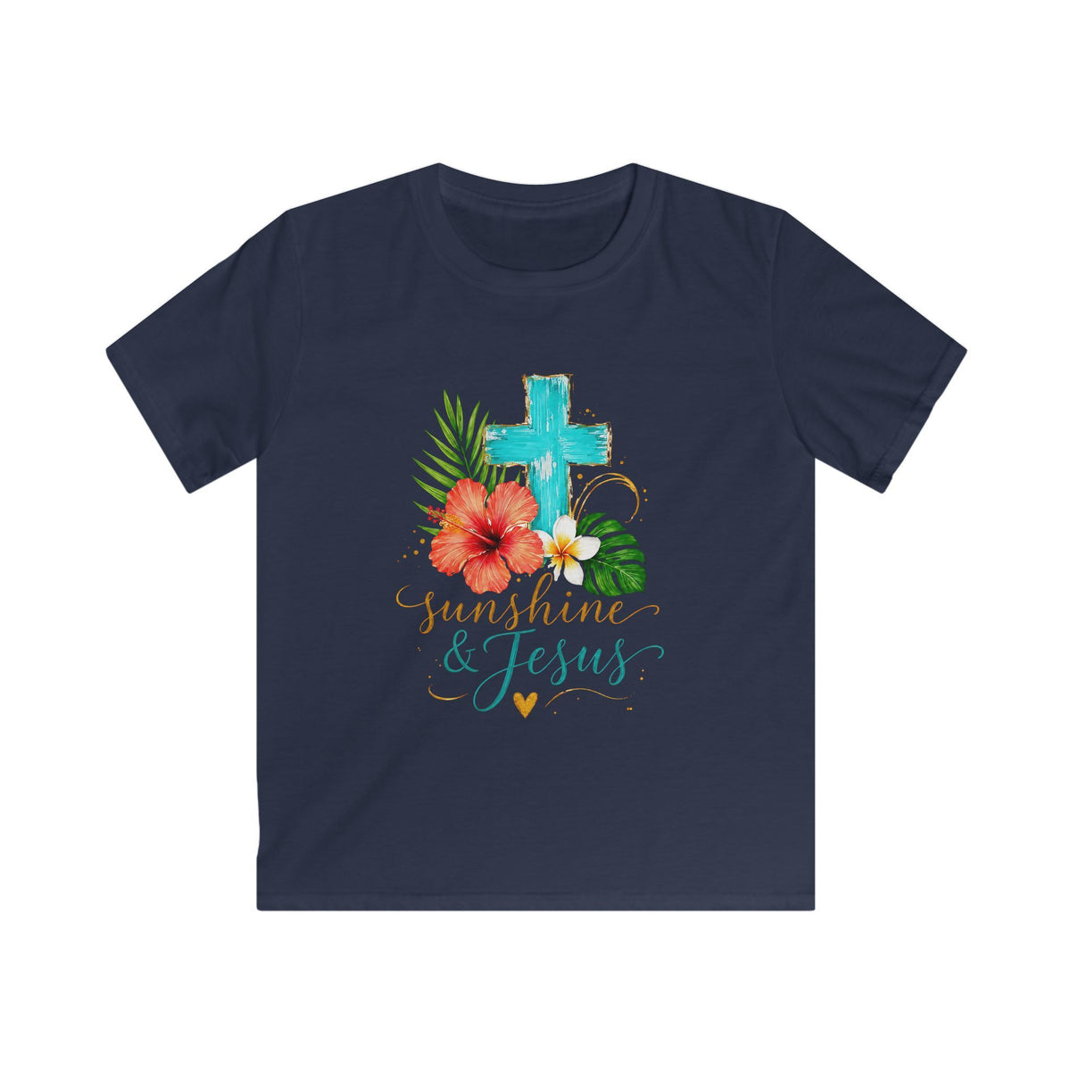 Kids Tee — Sunshine & Jesus Floral Cross Christian Graphic