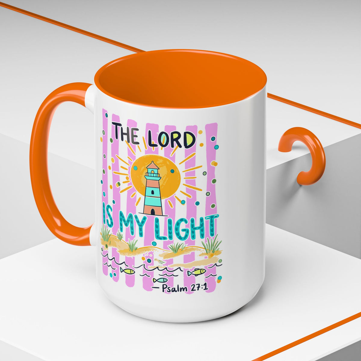 Christian Coffee Mug - "The Lord Is My Light" Lighthouse Psalm 27:1 Accent Mug