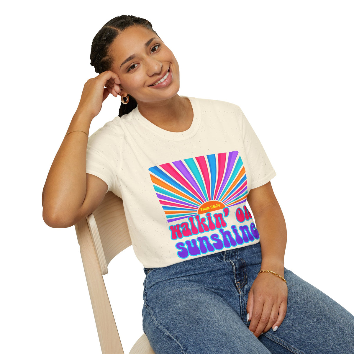 Walkin' On Sunshine Lords Glory with Lori Psalm 118:24 Retro T-Shirt — 70s Rainbow Sun Graphic Tee