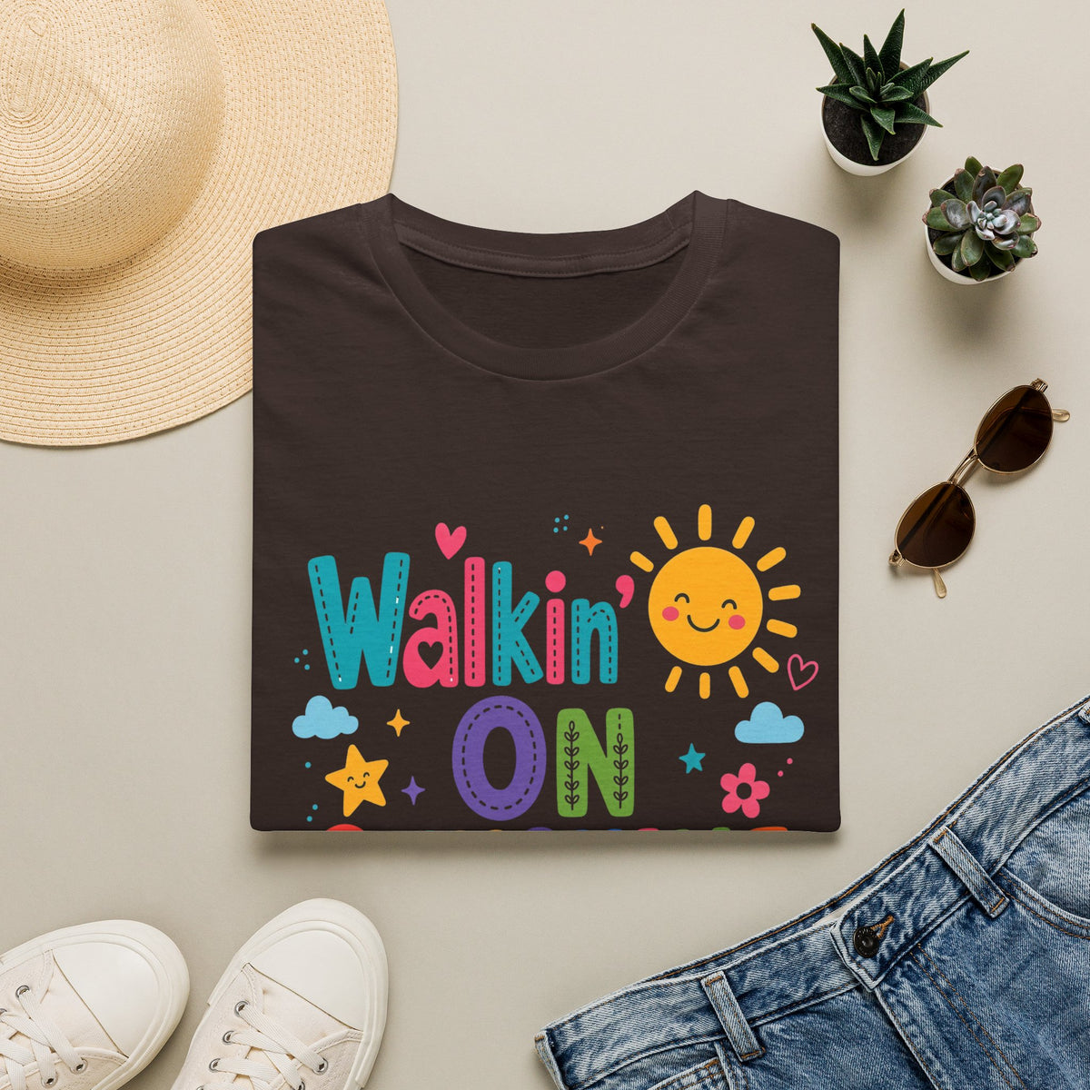 T-Shirt — "Walkin' on Sunshine" Bright Retro Sun Graphic Tee ‭‭Psalms‬ ‭118‬:‭24‬ ‭