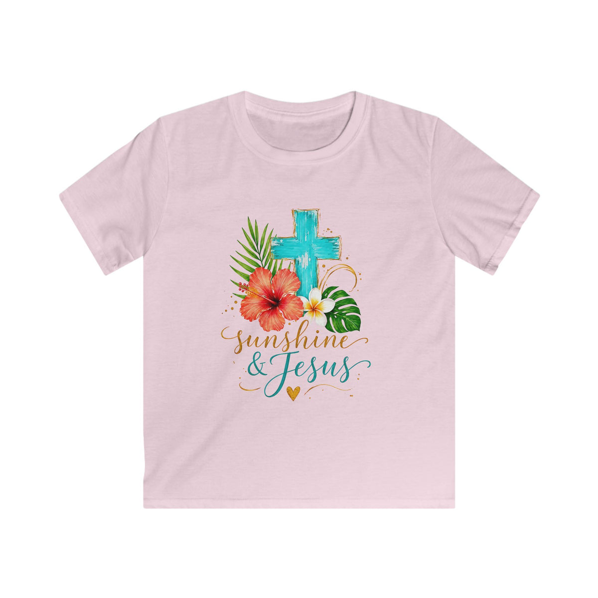 Kids Tee — Sunshine & Jesus Floral Cross Christian Graphic