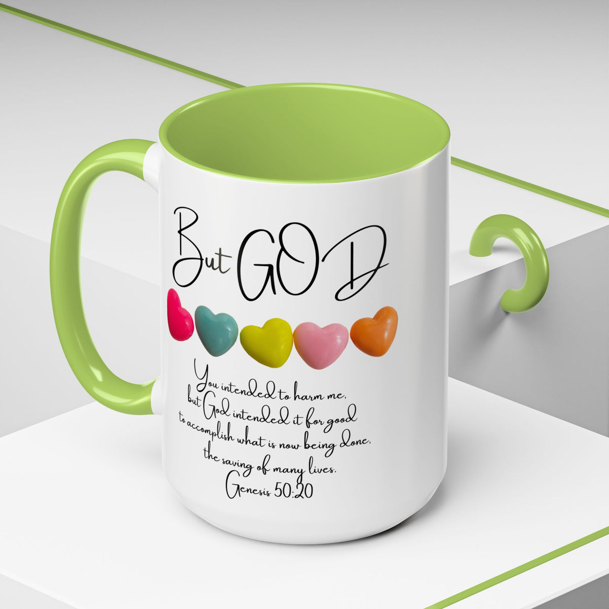 But God Scripture Coffee Mug — Genesis 50:20 Inspirational Heart Accent Mug (11/15oz)