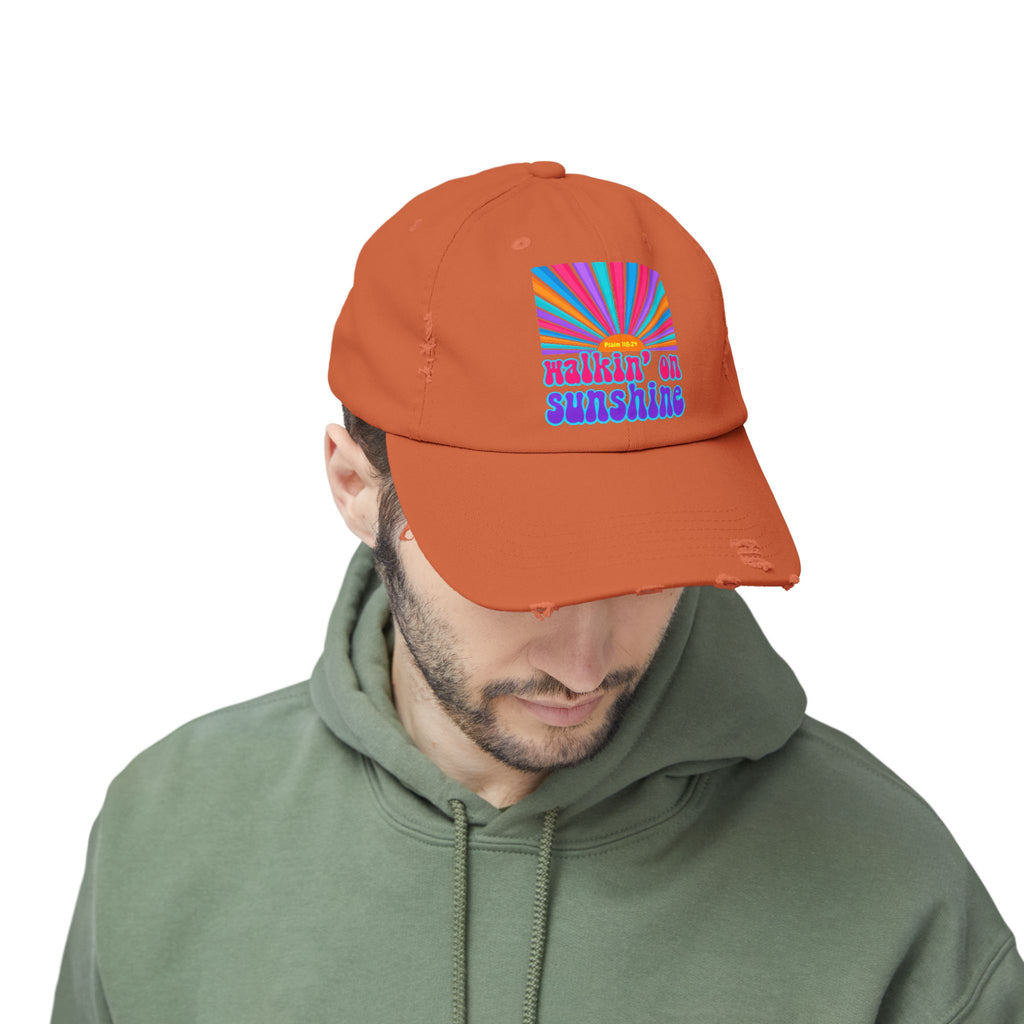 Walking On Sunshine Distressed Cap — Lords Glory with Lori Retro Rainbow Sun Trucker Hat