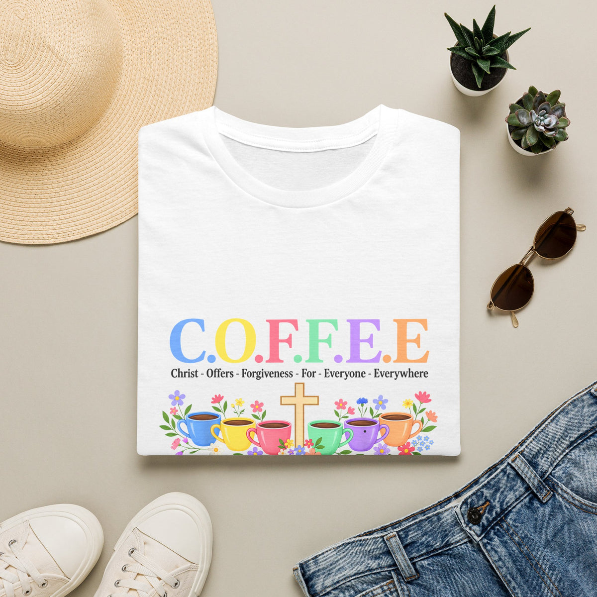Coffee Lover Floral Graphic - C.o.f.f.e.e. (Christ - Offers - Forgiveness - For Everyone - Everywhere)  Softstyle T-Shirt