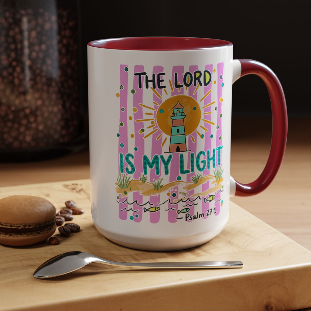 Christian Coffee Mug - "The Lord Is My Light" Lighthouse Psalm 27:1 Accent Mug