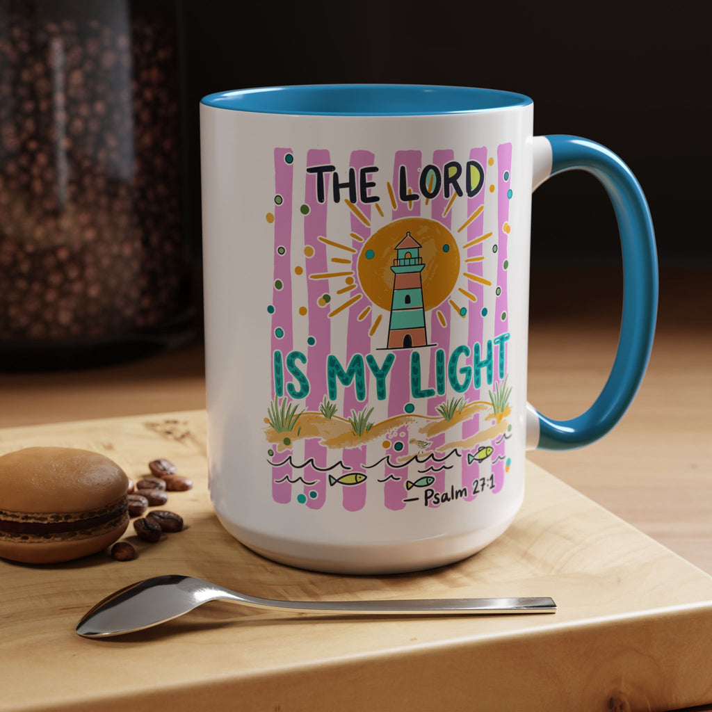 Christian Coffee Mug - "The Lord Is My Light" Lighthouse Psalm 27:1 Accent Mug