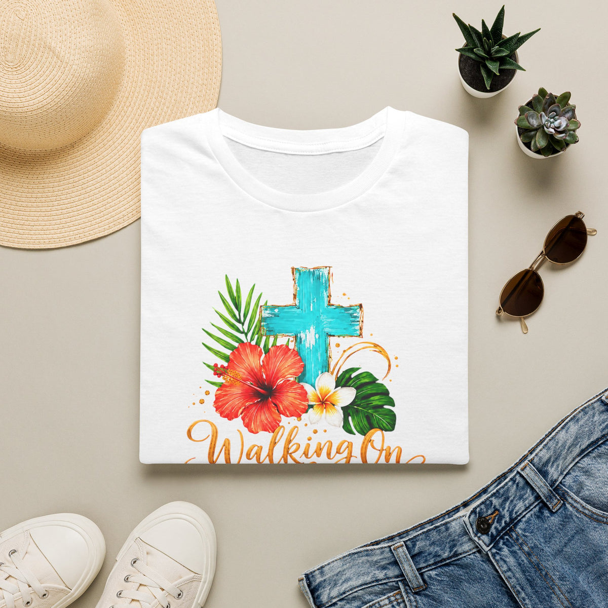 Walking on Sunshine & Jesus Floral Cross T-Shirt