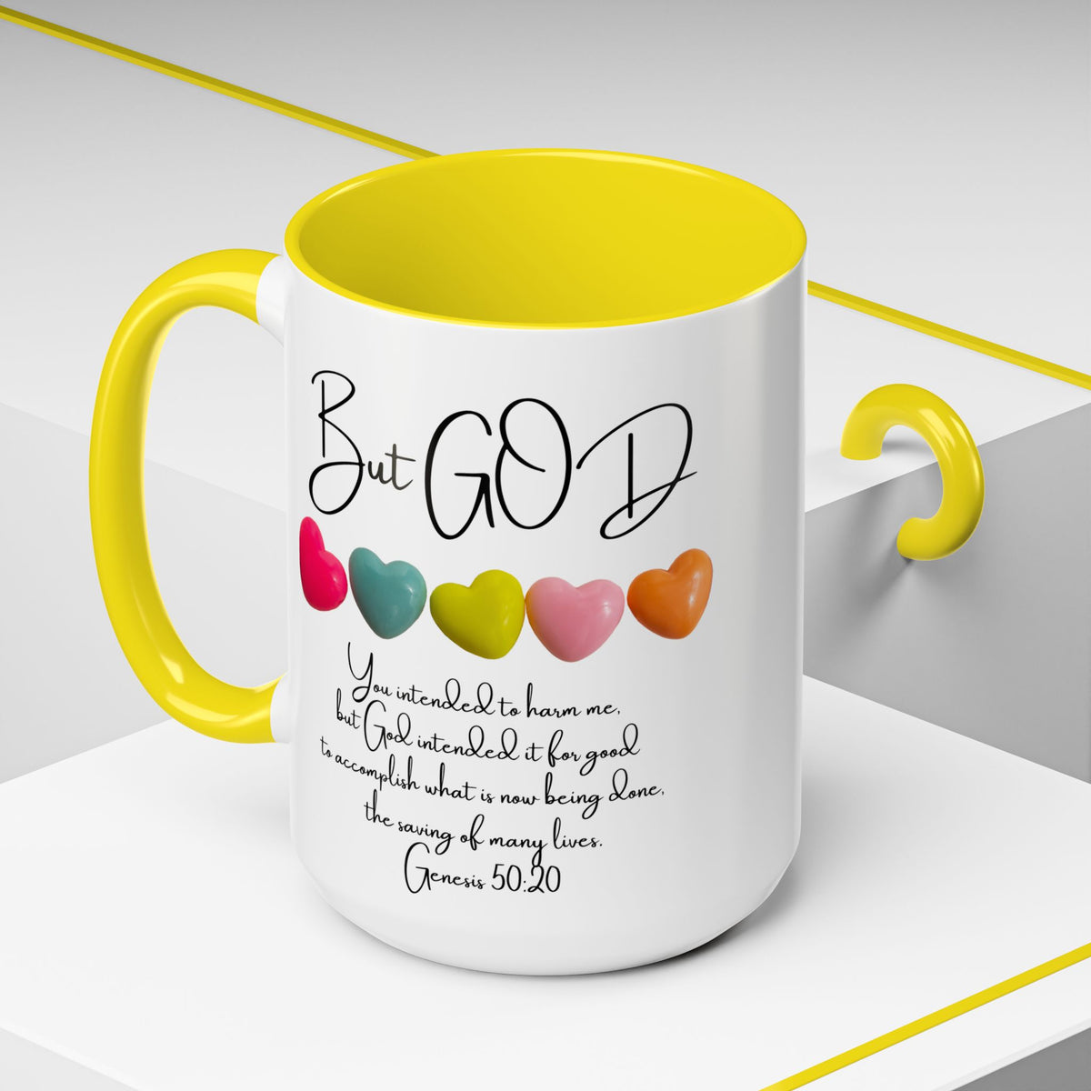 But God Scripture Coffee Mug — Genesis 50:20 Inspirational Heart Accent Mug (11/15oz)