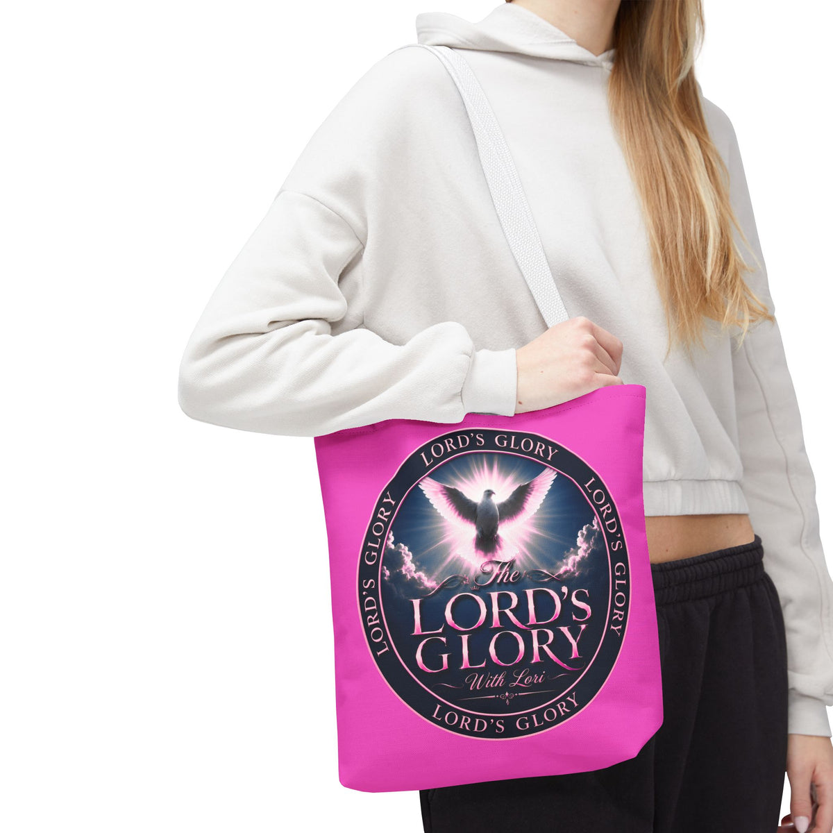 Religious Tote Bag - "The Lord's Glory with Lori" Pink All-Over-Print Christian Tote