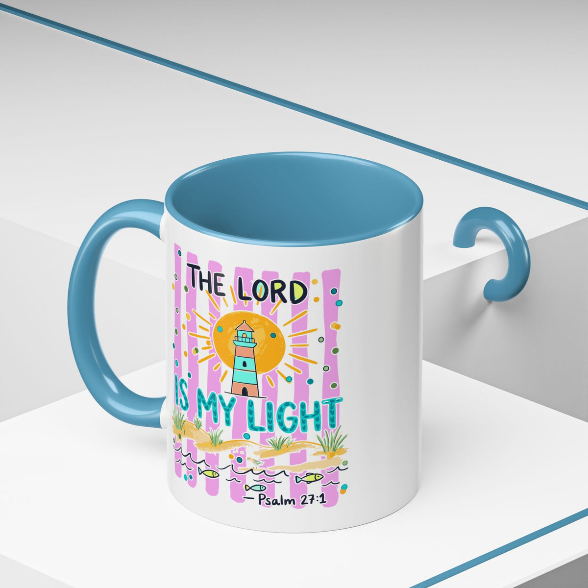 Christian Coffee Mug - "The Lord Is My Light" Lighthouse Psalm 27:1 Accent Mug