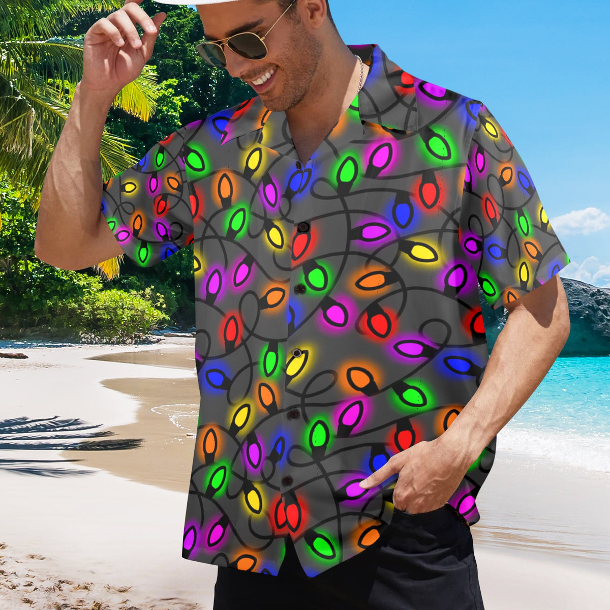 Men's All Over Print Christmas Light Bulbs Shirt Made In USA