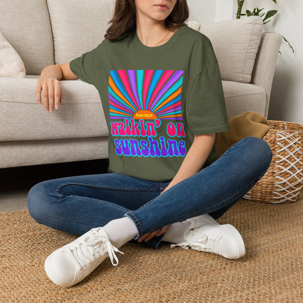 Walkin' On Sunshine Lords Glory with Lori Psalm 118:24 Retro T-Shirt — 70s Rainbow Sun Graphic Tee