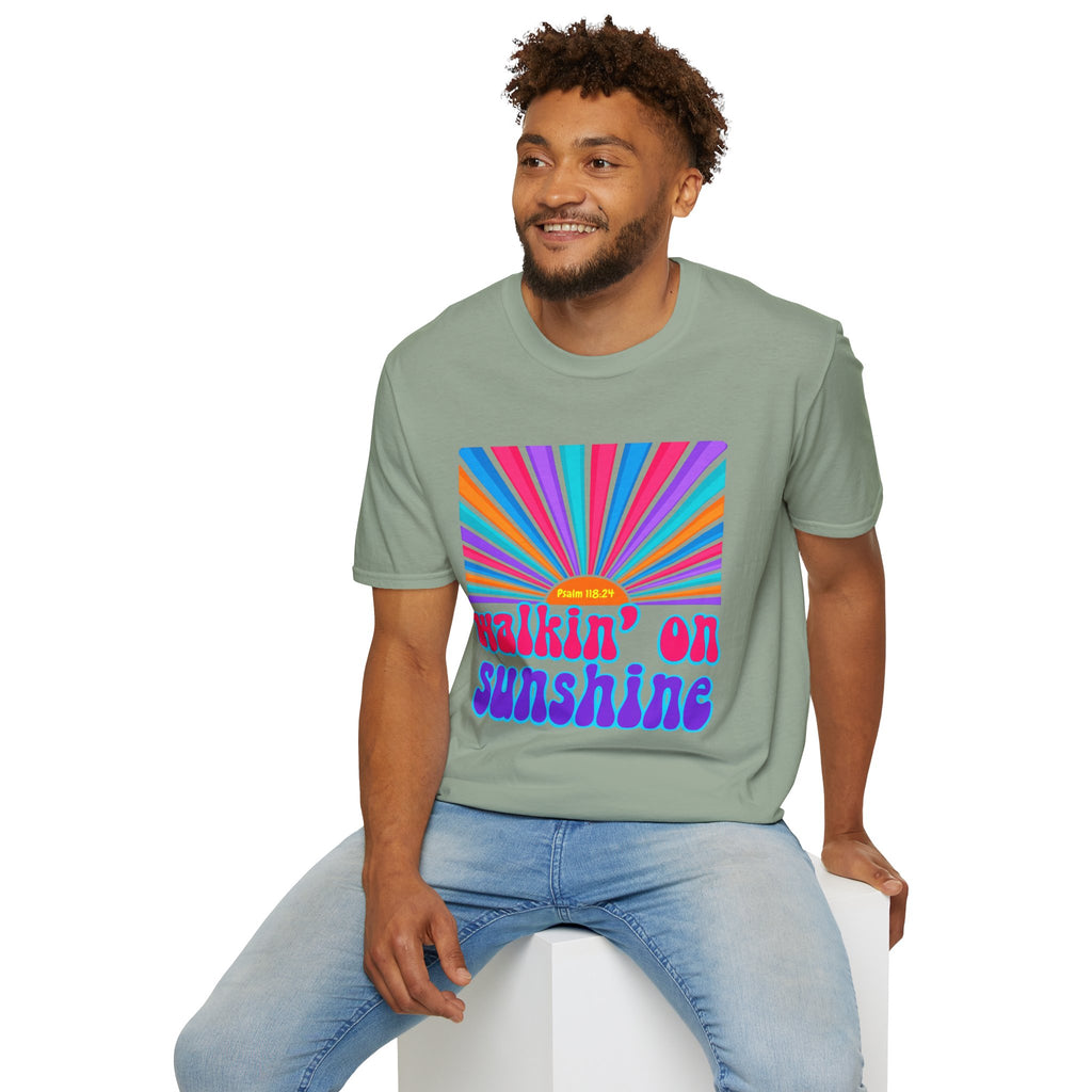 Walkin' On Sunshine Lords Glory with Lori Psalm 118:24 Retro T-Shirt — 70s Rainbow Sun Graphic Tee