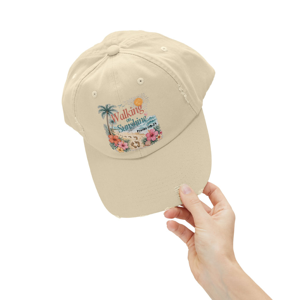 Distressed Cap — "Walk on Sunshine" Tropical Beach Baseball Hat Psalms 118:24