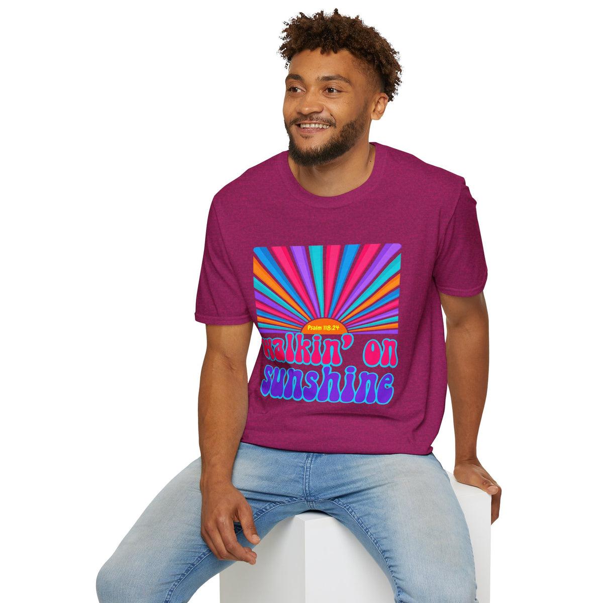Walkin' On Sunshine Lords Glory with Lori Psalm 118:24 Retro T-Shirt — 70s Rainbow Sun Graphic Tee
