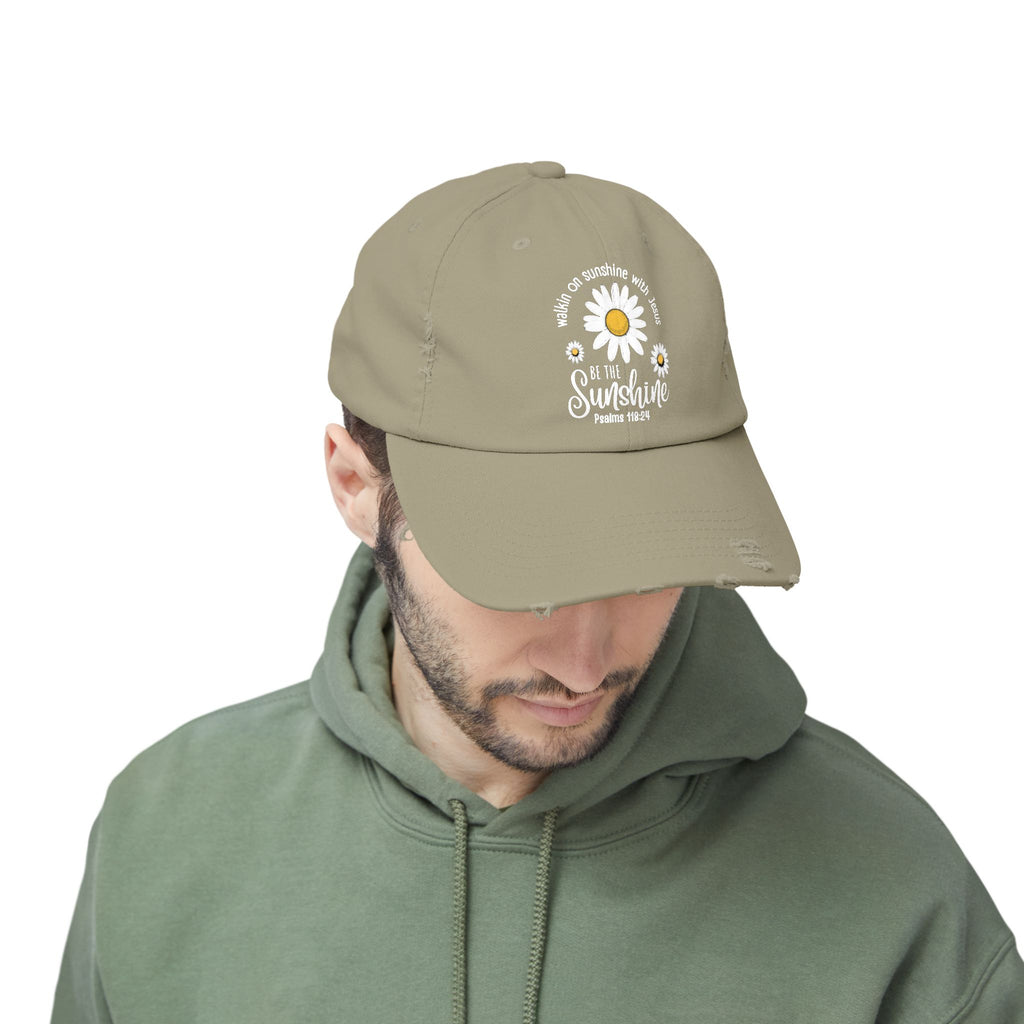 Walking on Sunshine Distressed Daisy Cap — "Be the Sunshine"  Mom and Dad Hat Psalms‬ ‭118‬:‭24