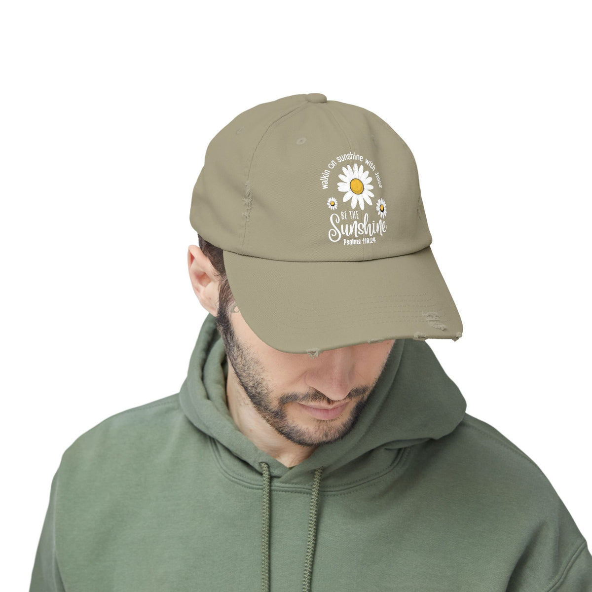Walking on Sunshine Distressed Daisy Cap — "Be the Sunshine"  Mom and Dad Hat Psalms‬ ‭118‬:‭24