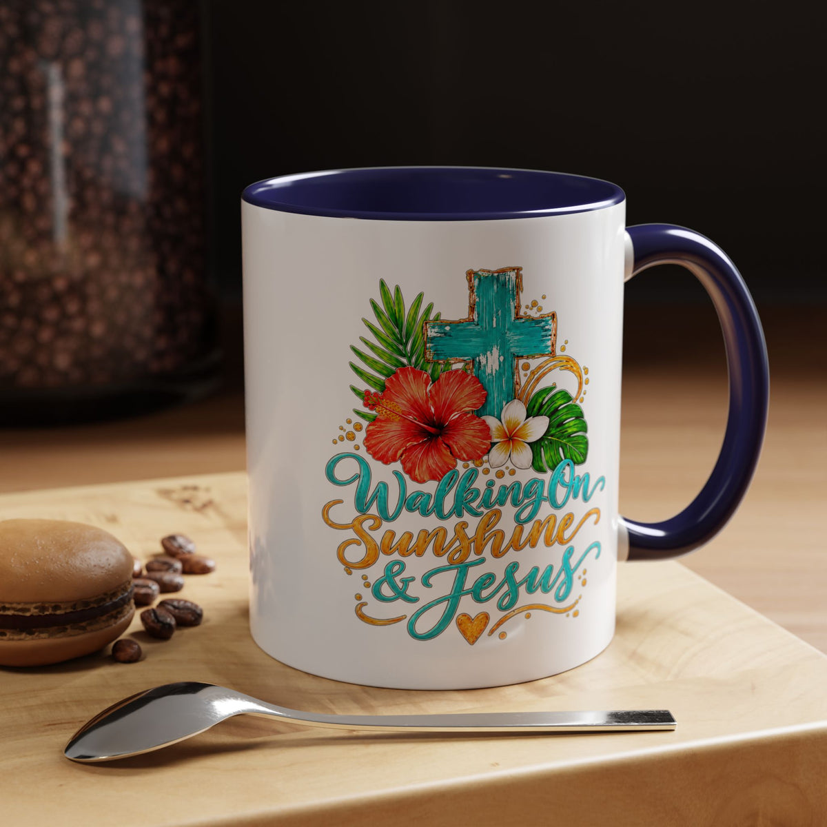 Walking on Sunshine & Jesus Coffee Mug – Floral Cross Accent Mug