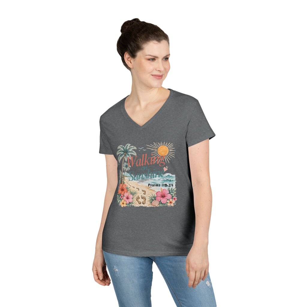 Walking on Sunshine V-Neck T-Shirt — Floral Beach Christian Psalm Tee