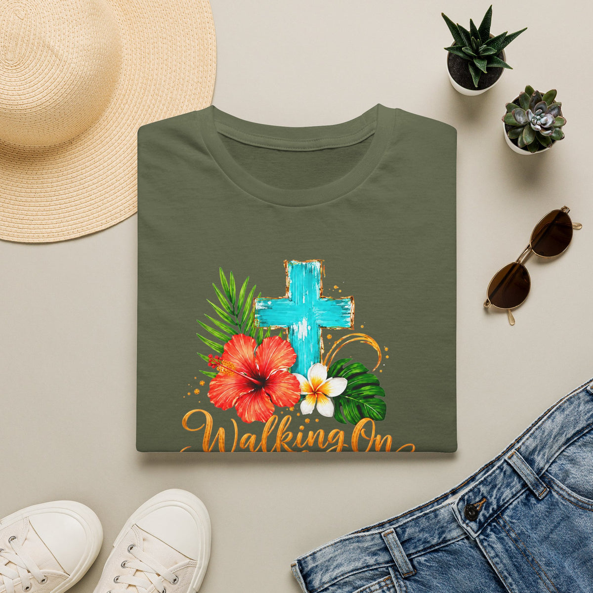 Walking on Sunshine & Jesus Floral Cross T-Shirt