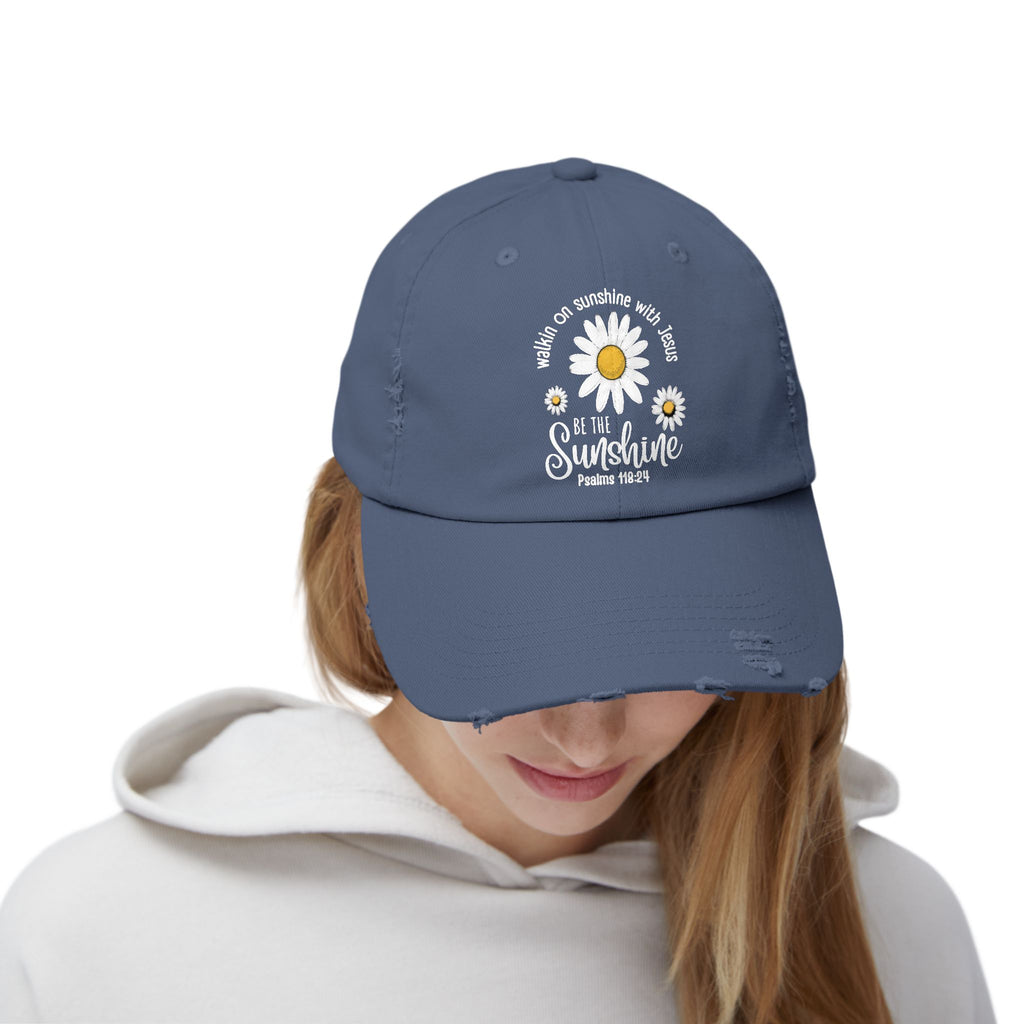 Walking on Sunshine Distressed Daisy Cap — "Be the Sunshine"  Mom and Dad Hat Psalms‬ ‭118‬:‭24