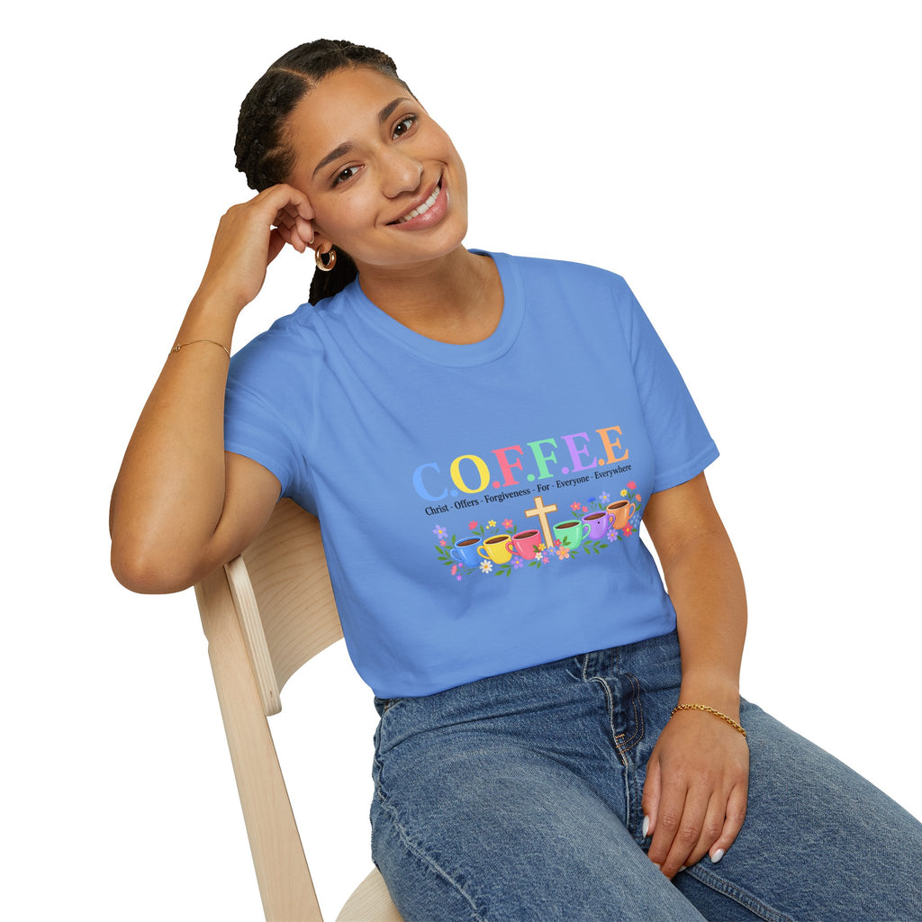 Coffee Lover Floral Graphic - C.o.f.f.e.e. (Christ - Offers - Forgiveness - For Everyone - Everywhere)  Softstyle T-Shirt