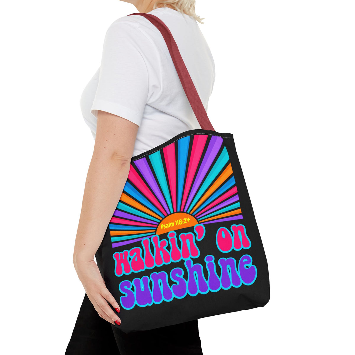 Lords Glory Sunrise Graphic Tote Bag — “Walkin' on Sunshine” Retro Psalm 118:24 Cotton AOP