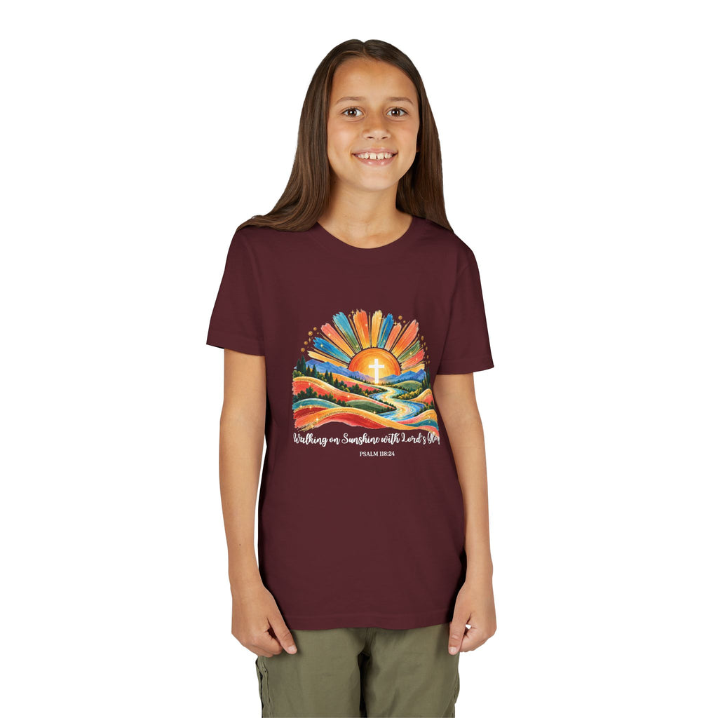 Youth Short Sleeve Tee – Walking On Sunshine with Lords Colorful Christian Sunrise Faith Shirt