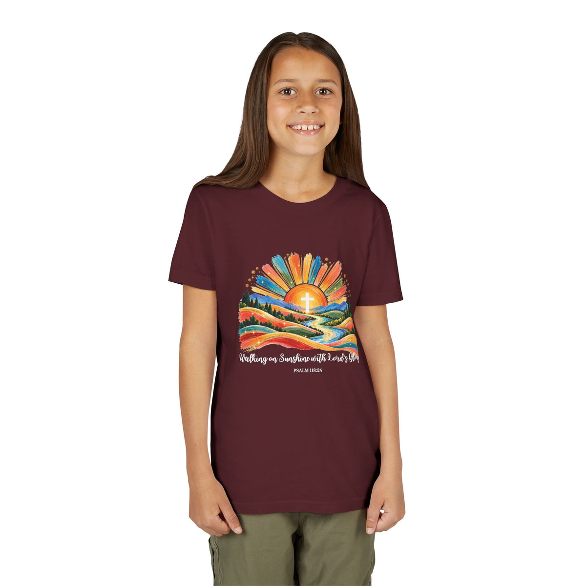 Youth Short Sleeve Tee – Walking On Sunshine with Lords Colorful Christian Sunrise Faith Shirt