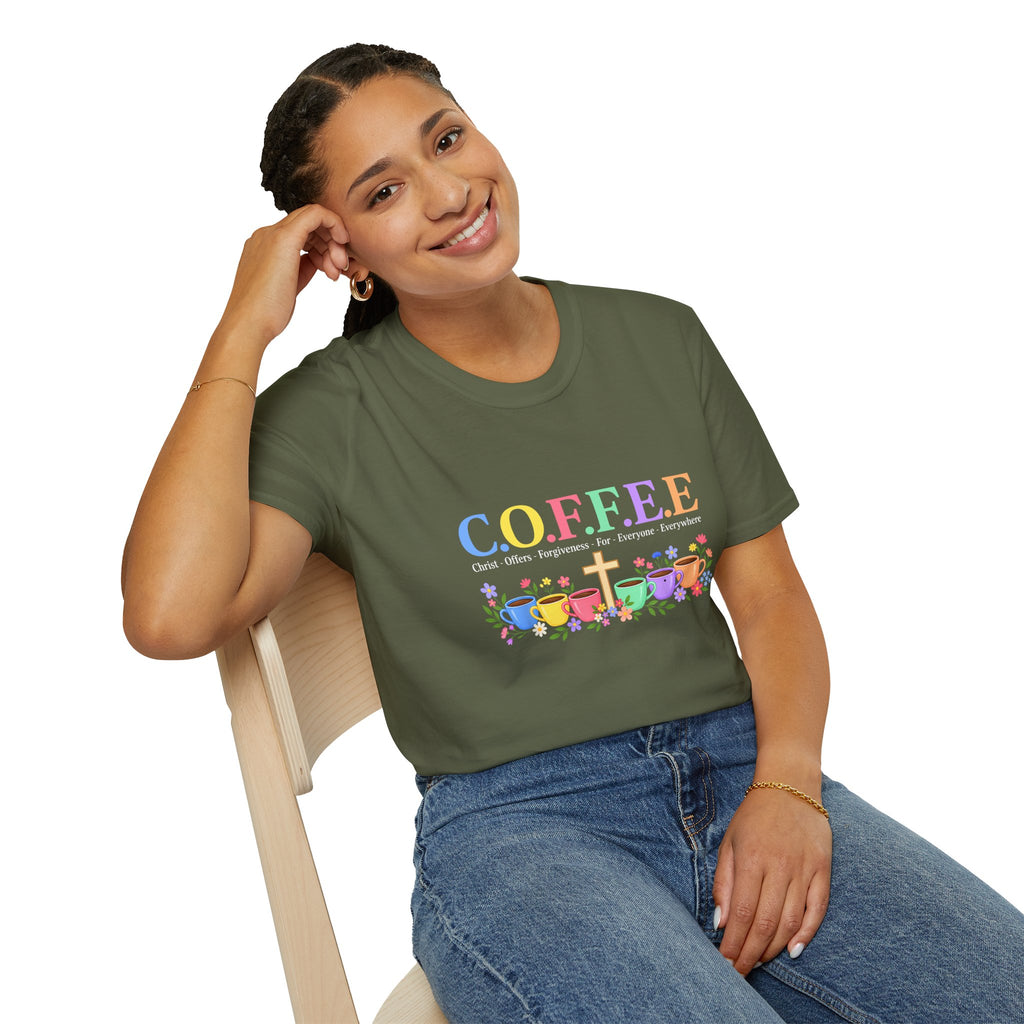 Coffee Lover Floral Graphic - C.o.f.f.e.e. (Christ - Offers - Forgiveness - For Everyone - Everywhere)  Softstyle T-Shirt