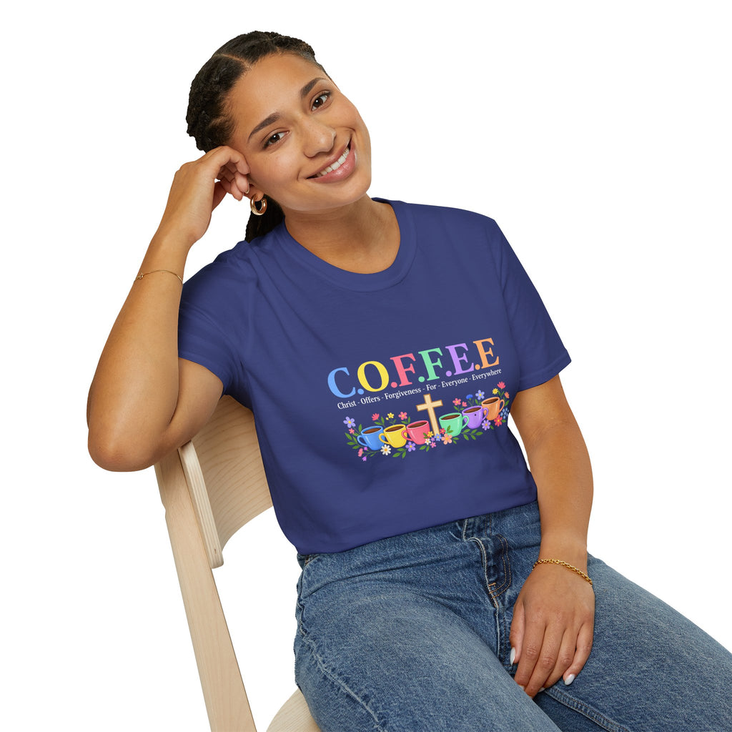 Coffee Lover Floral Graphic - C.o.f.f.e.e. (Christ - Offers - Forgiveness - For Everyone - Everywhere)  Softstyle T-Shirt