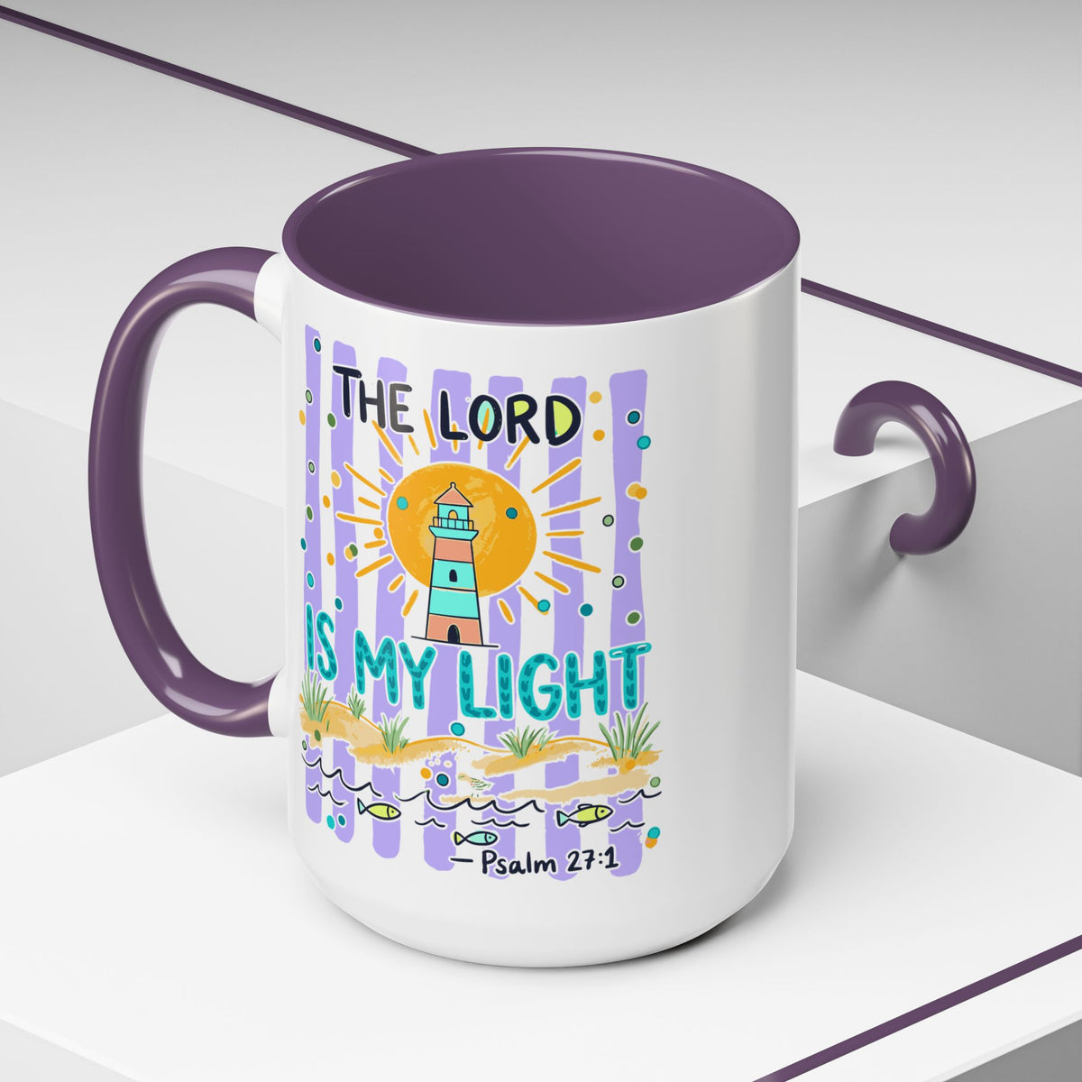 Accent Coffee Mug — “The Lord Is My Light” Lighthouse Bible Verse (Psalm 27:1)