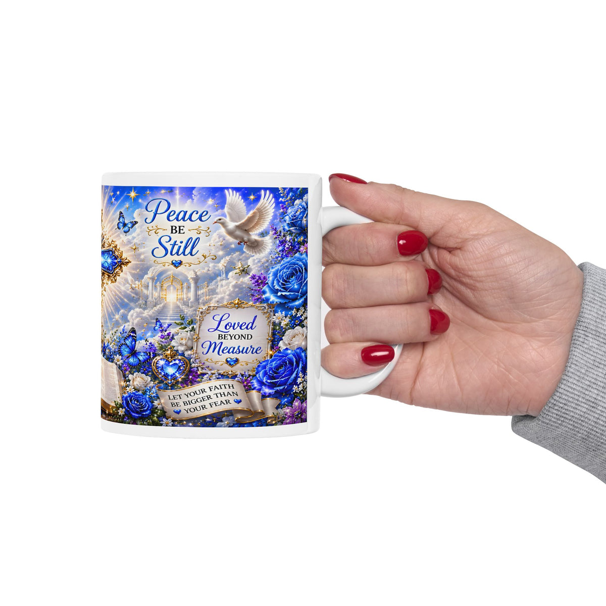 Blue Christian Cross Ceramic Mug with Bible and Floral Design