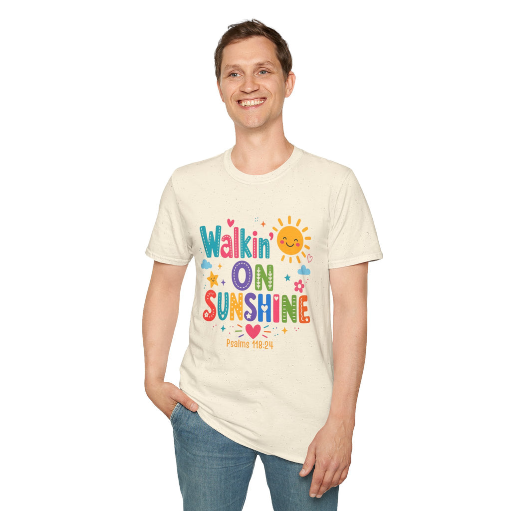 T-Shirt — "Walkin' on Sunshine" Bright Retro Sun Graphic Tee ‭‭Psalms‬ ‭118‬:‭24‬ ‭