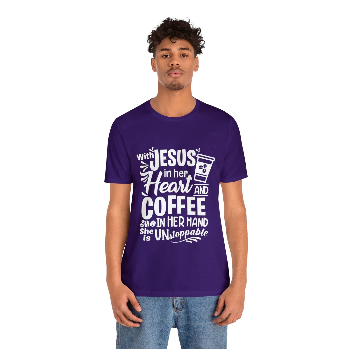 JESUS in Her Heart and Coffee - Woman's Jersey Short Sleeve Tee