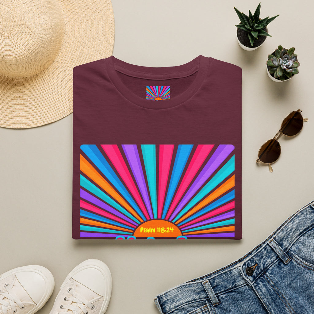 Walkin' On Sunshine Lords Glory with Lori Psalm 118:24 Retro T-Shirt — 70s Rainbow Sun Graphic Tee