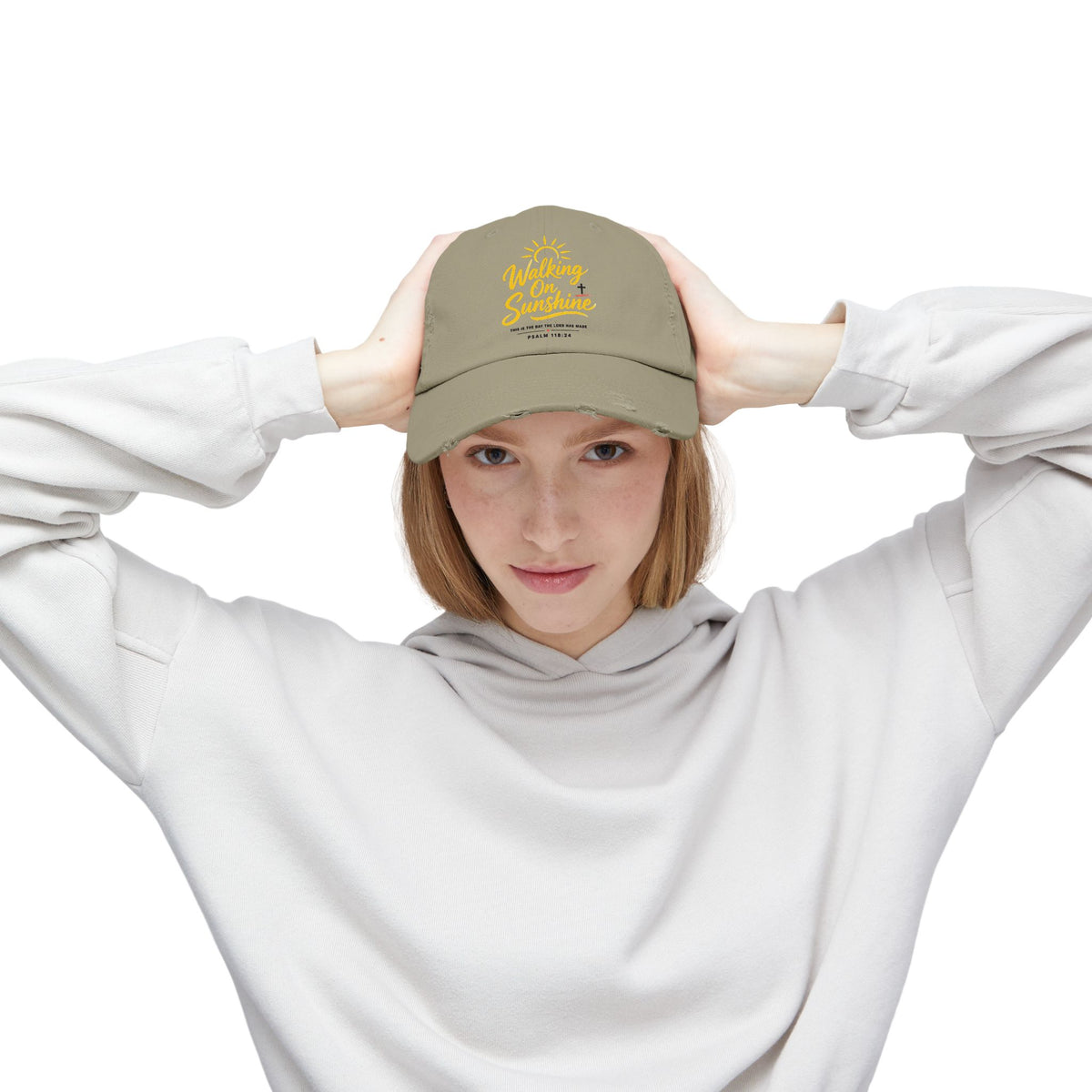 Walking on Sunshine Distressed Cap – Christian Sunshine Baseball Hat (Psalm 118:24)