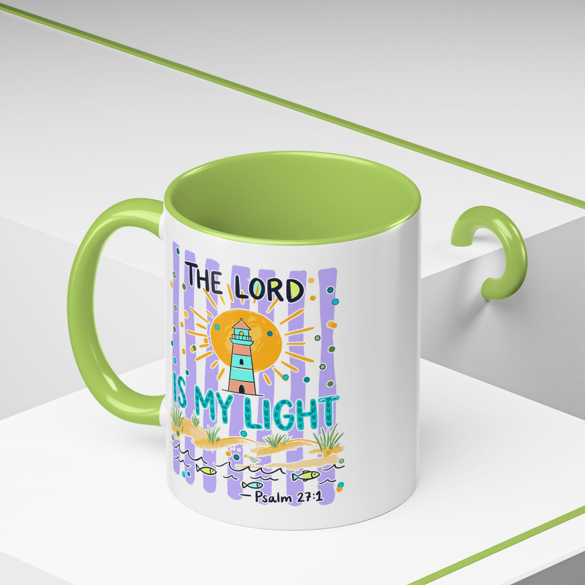 Accent Coffee Mug — “The Lord Is My Light” Lighthouse Bible Verse (Psalm 27:1)