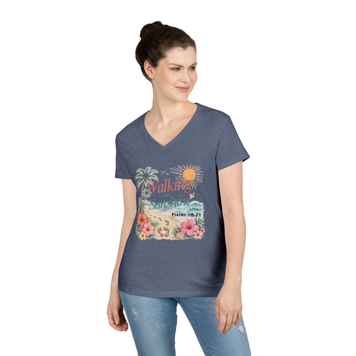 Walking on Sunshine V-Neck T-Shirt — Floral Beach Christian Psalm Tee