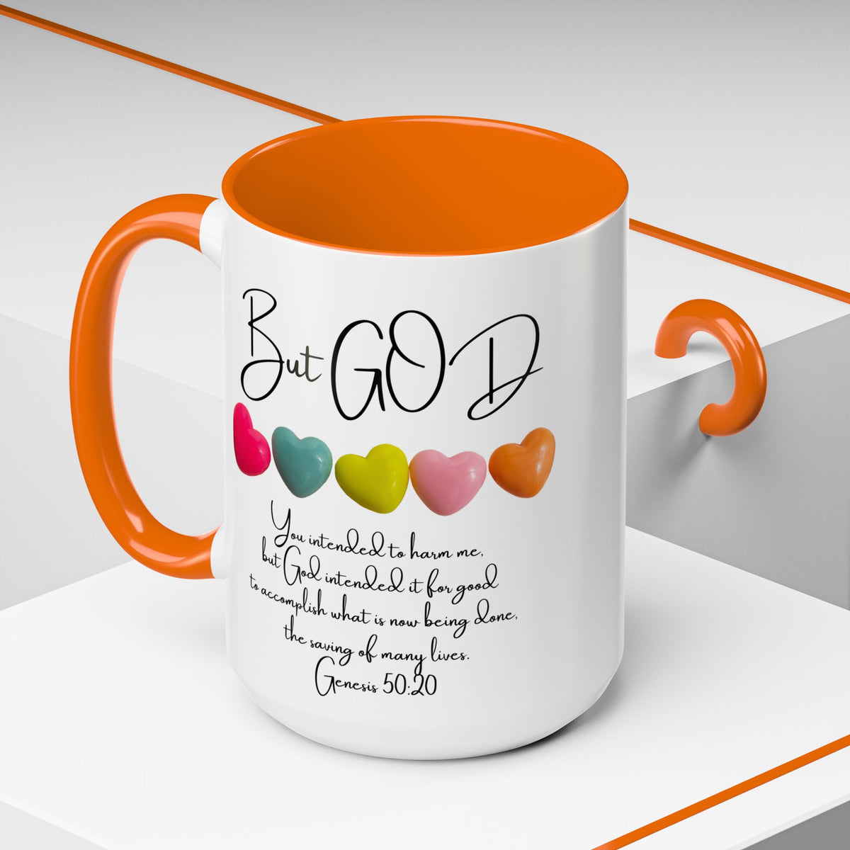But God Scripture Coffee Mug — Genesis 50:20 Inspirational Heart Accent Mug (11/15oz)