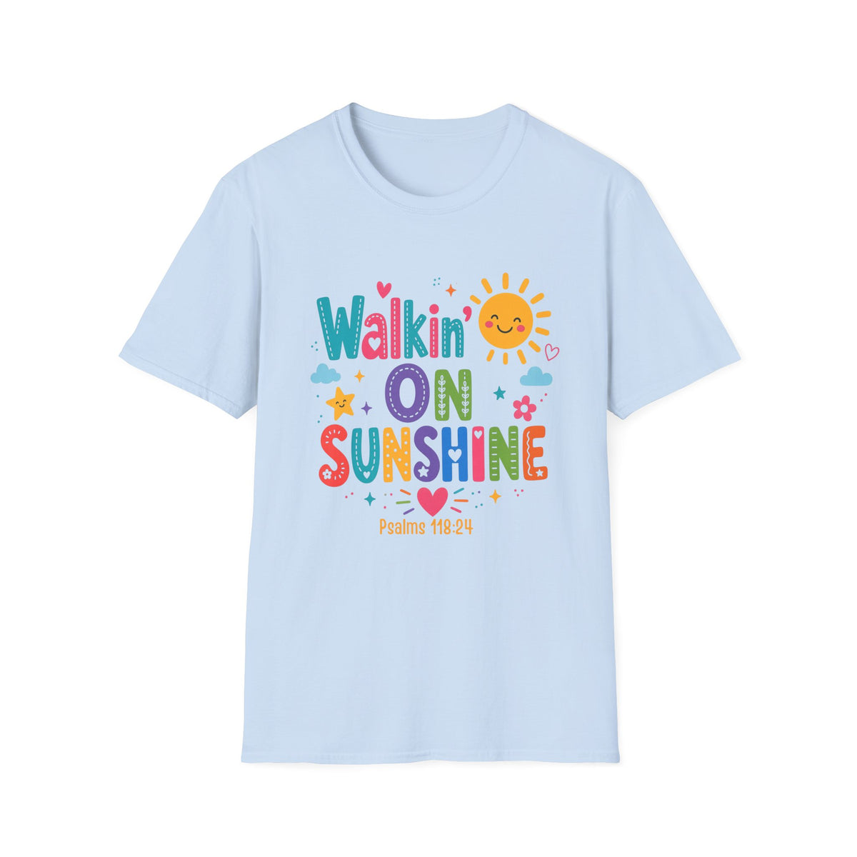 T-Shirt — "Walkin' on Sunshine" Bright Retro Sun Graphic Tee ‭‭Psalms‬ ‭118‬:‭24‬ ‭