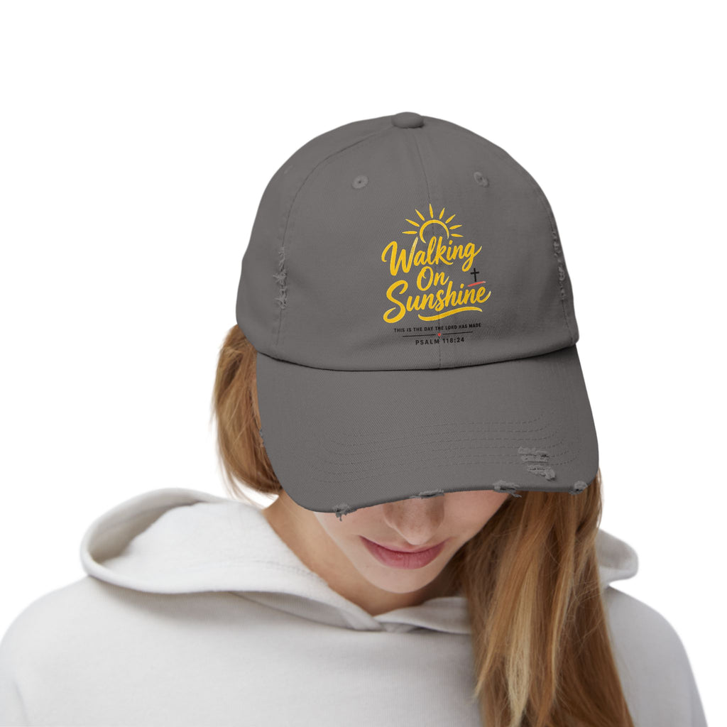 Walking on Sunshine Distressed Cap – Christian Sunshine Baseball Hat (Psalm 118:24)