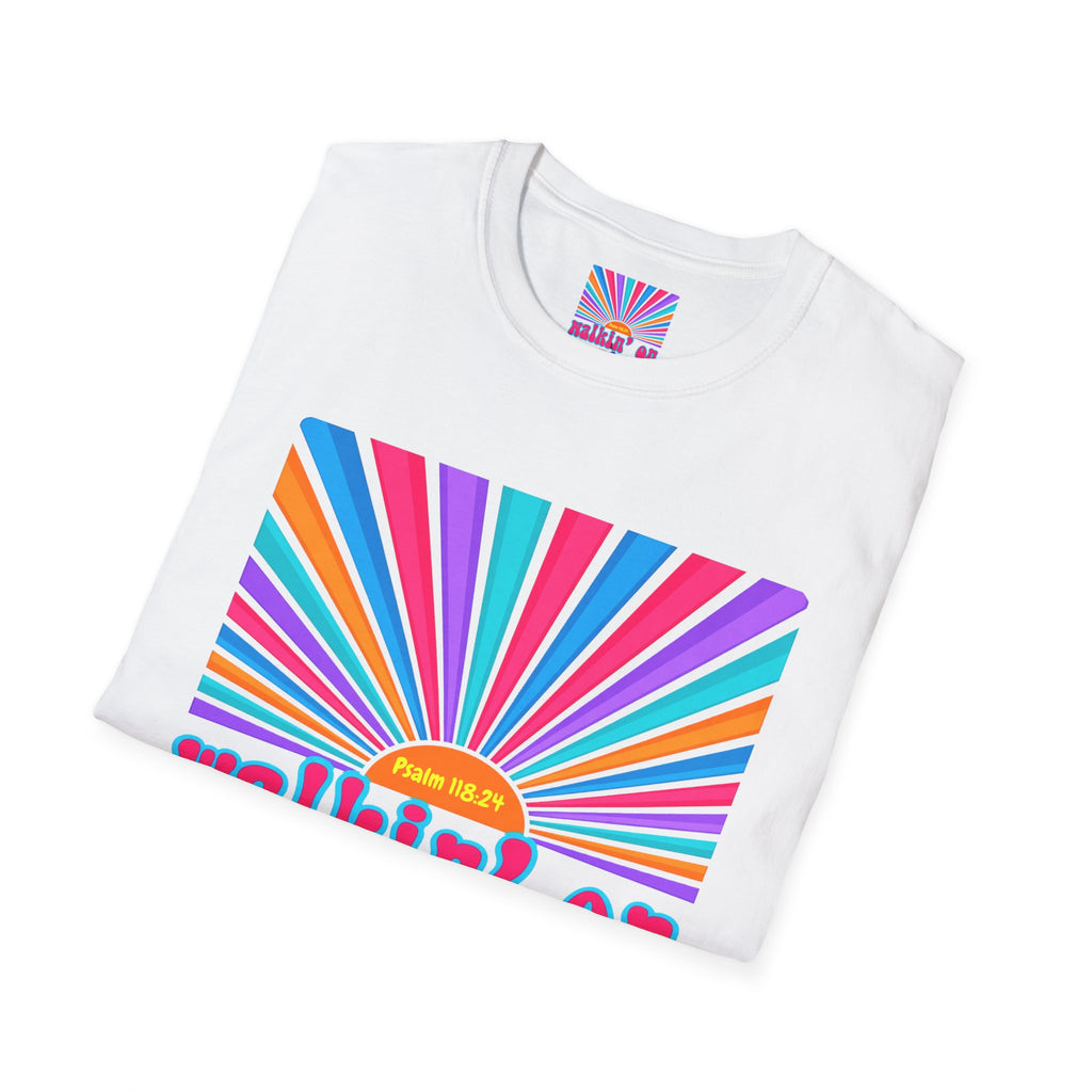 Walkin' On Sunshine Lords Glory with Lori Psalm 118:24 Retro T-Shirt — 70s Rainbow Sun Graphic Tee